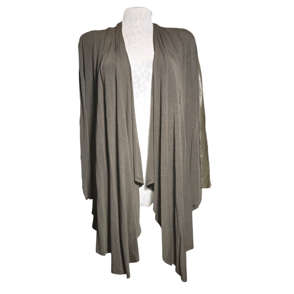 Alice + Olivia Dark Green Lamb Leather Trimmed Draped Open Front Cardigan Size M